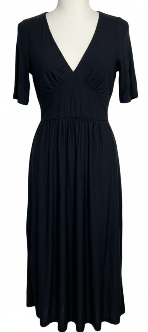 Midi Dress S Black V Neck LBD Minimalist Made in USA Romantic Office Casual